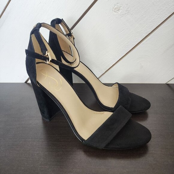 Sam Edelman Black Suede Block Heel Sandal 9.5  With Ankle Strap & Buckle  JPT - Picture 1 of 7